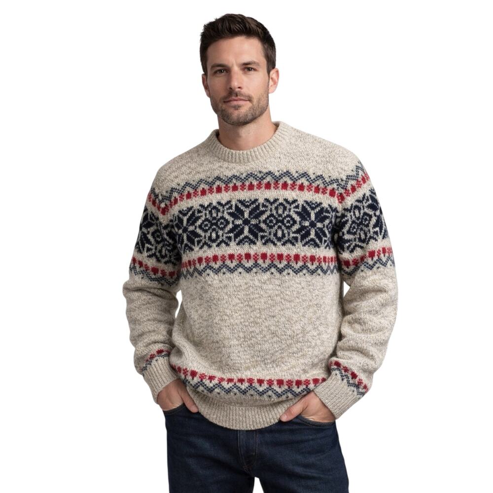 VTG L.L.Bean Men’s Nordic Fair Isle 100% Wool Sweater Cream Red Navy Size Large